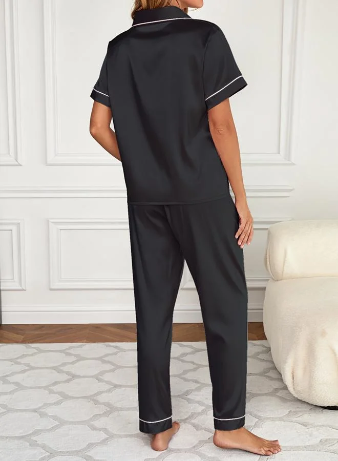 تايك تو طقم قميص سادة بأكمام قصيرة وبنطال بيجاما للنساء